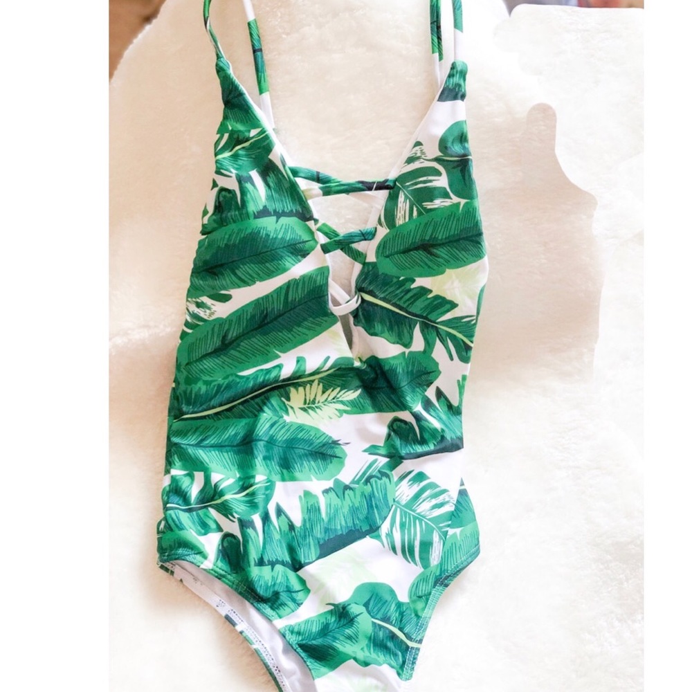 Tropical green and white one piece swimsuit